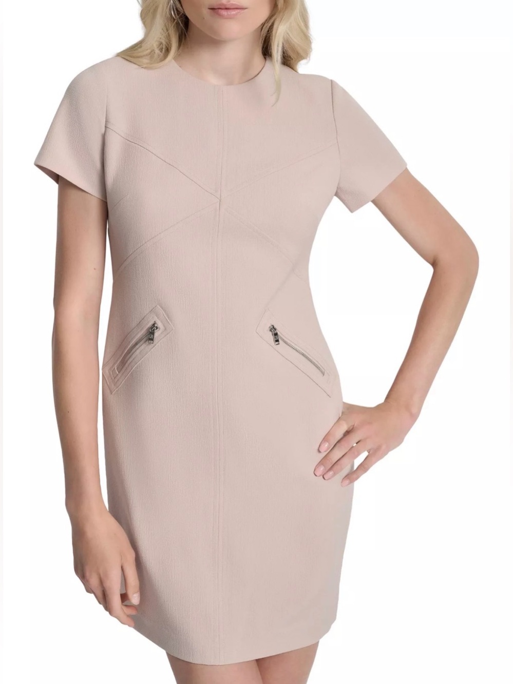 DKNY Short-Sleeve Sheath Dress with Zip Pocket Accents